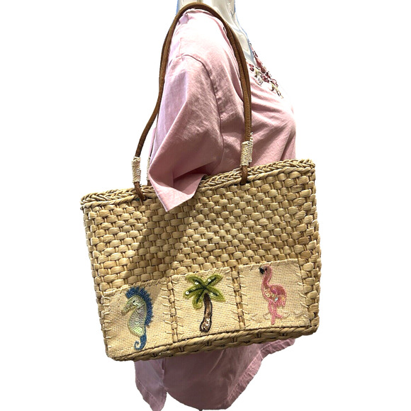 Women’s Beach Beige Straw Woven Square Medium Tote Bag Purse Beads and Sequins - Picture 2 of 7